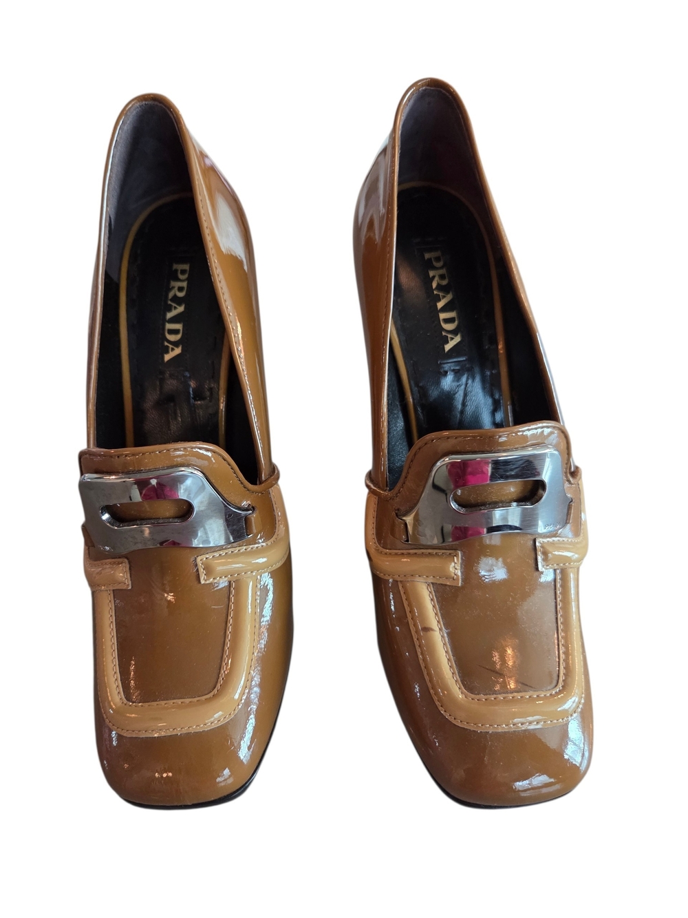 NWT Prada Patent Leather Tan Loafers with Silver Buckle Sz 40